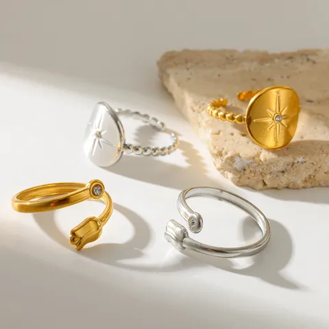 Leaf Pattern Open Ring for Women in Casual Style, 304 Stainless Steel with 18K Real Gold Plated 0.03µm Thickness and Zircon Inlay